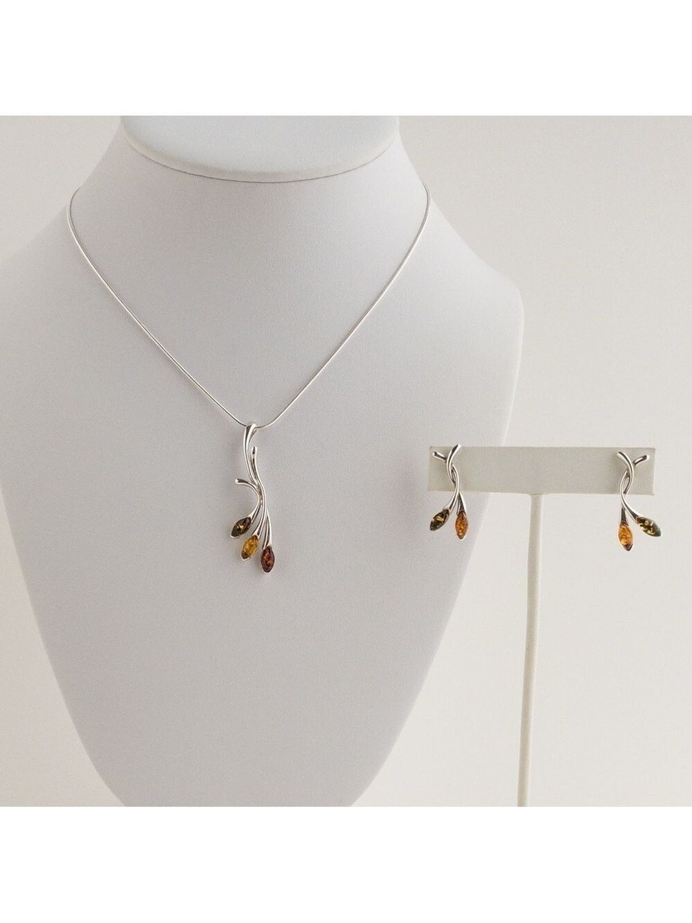 Sterling Silver Amber Stone Pendant Necklace and Earring Jewelry Set Leaf Branch